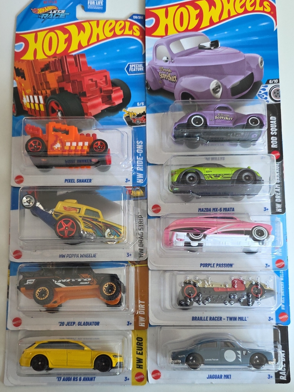 Hot Wheels Assorted Bundle Of 9 Jeep, Mazda, Poppa Wheelie, Pixel, Audi, Jaguar